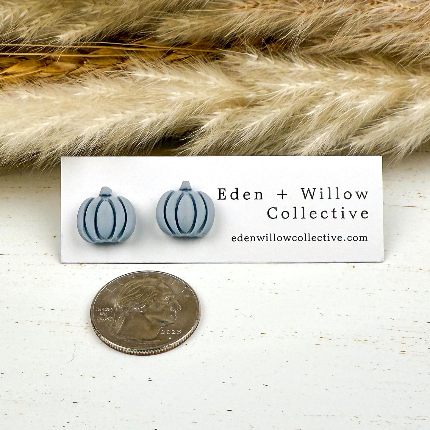 Blue Pumpkin Earrings – Handmade Clay Studs for Fall and Autumn Everyday Wear