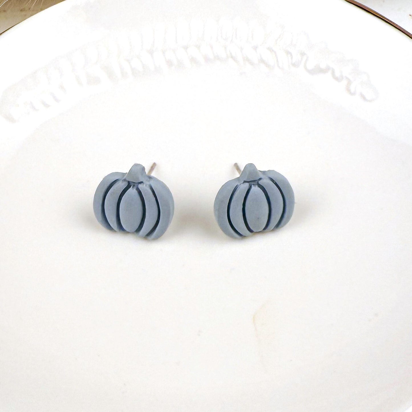 Blue Pumpkin Earrings – Handmade Clay Studs for Fall and Autumn Everyday Wear