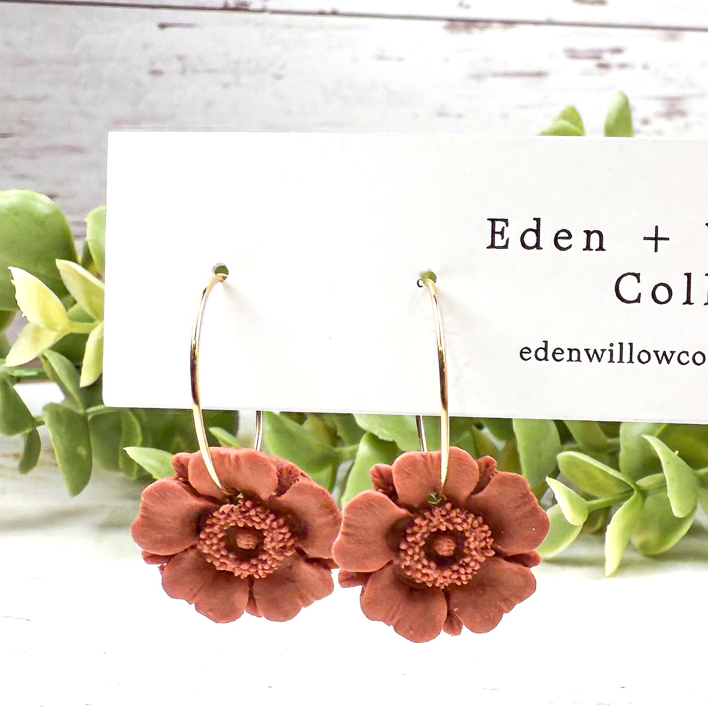 Terracotta Poppy Flower Earrings – Handmade Polymer Clay Hoops for Everyday Boho Style