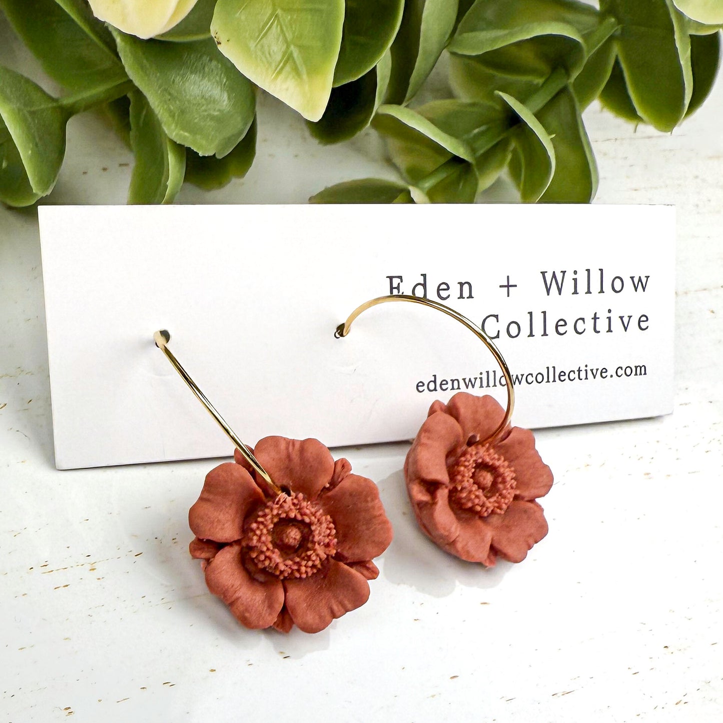 Terracotta Poppy Flower Earrings – Handmade Polymer Clay Hoops for Everyday Boho Style