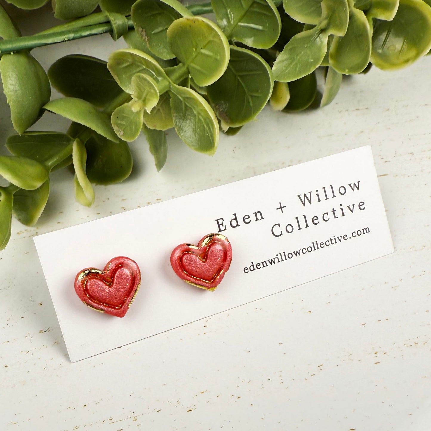 Mini Heart Stud Earrings – Everyday Polymer Clay with Gold Accent