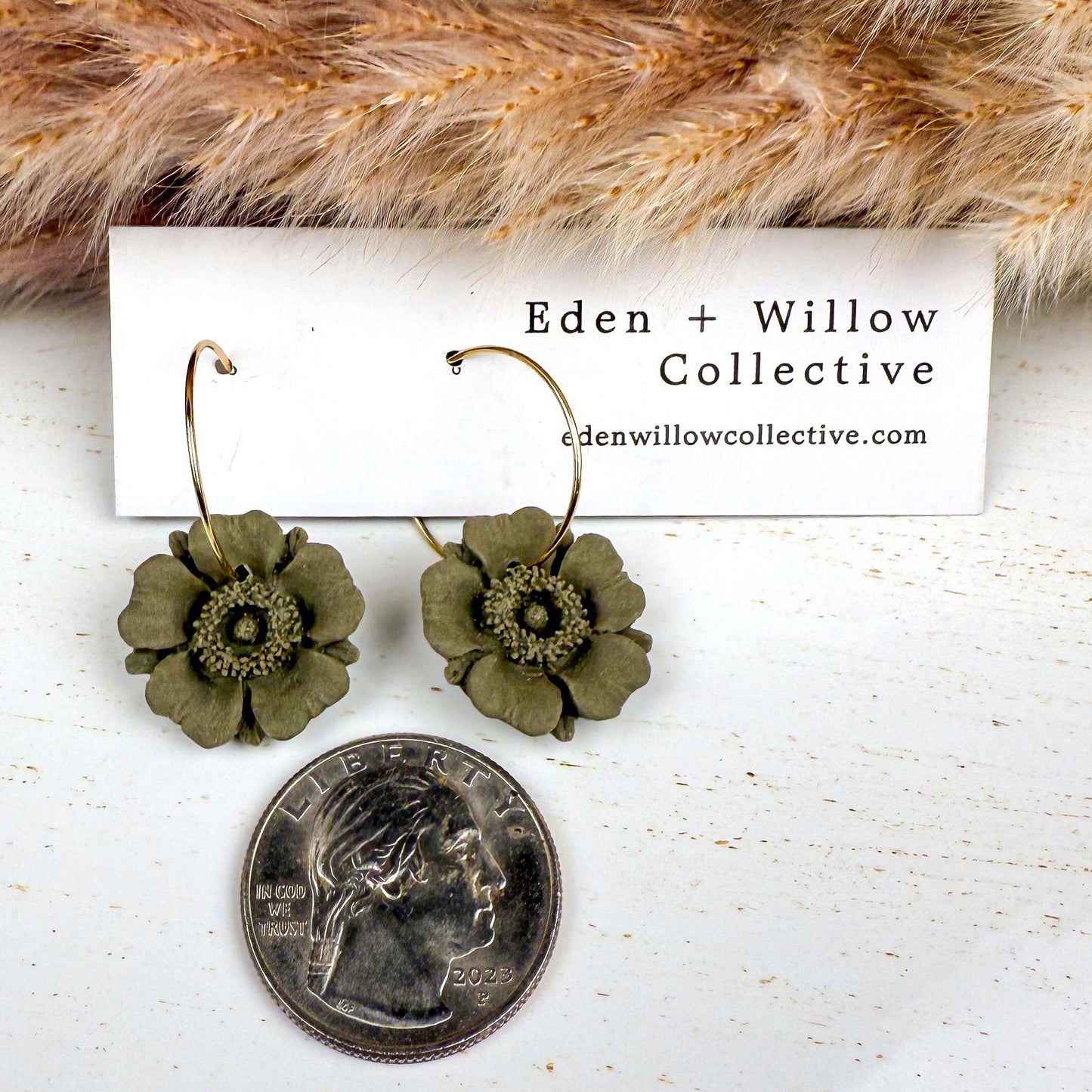 Olive Green Poppy Earrings – Handmade Clay Floral Hoops for Everyday Boho Style