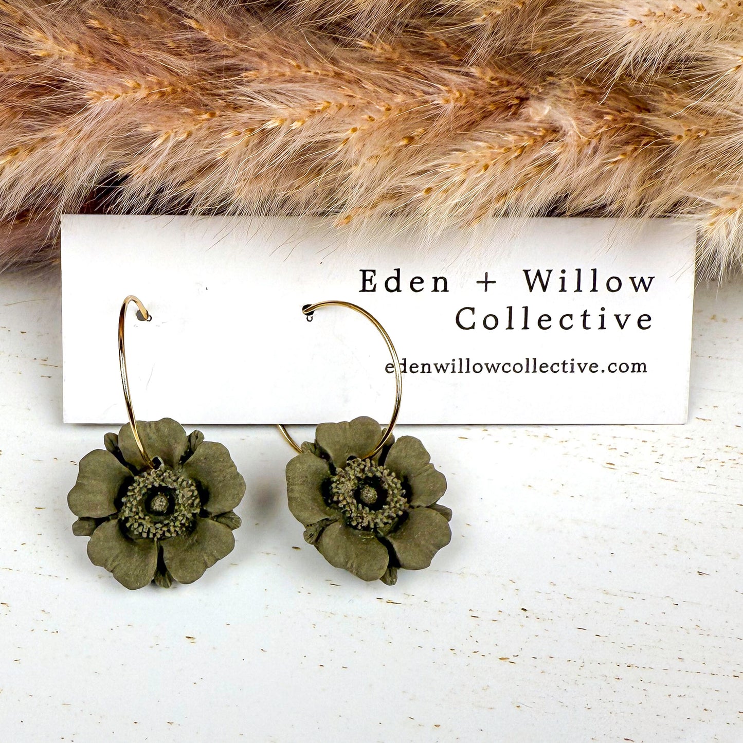 Olive Green Poppy Earrings – Handmade Clay Floral Hoops for Everyday Boho Style