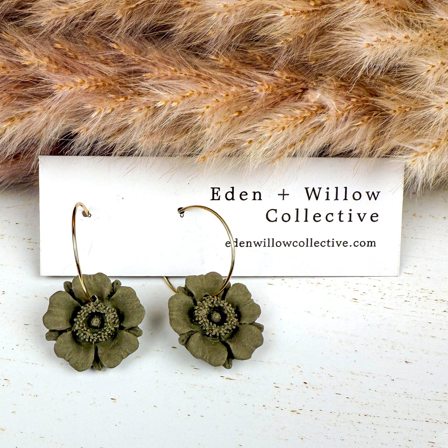 Olive Green Poppy Earrings – Handmade Clay Floral Hoops for Everyday Boho Style
