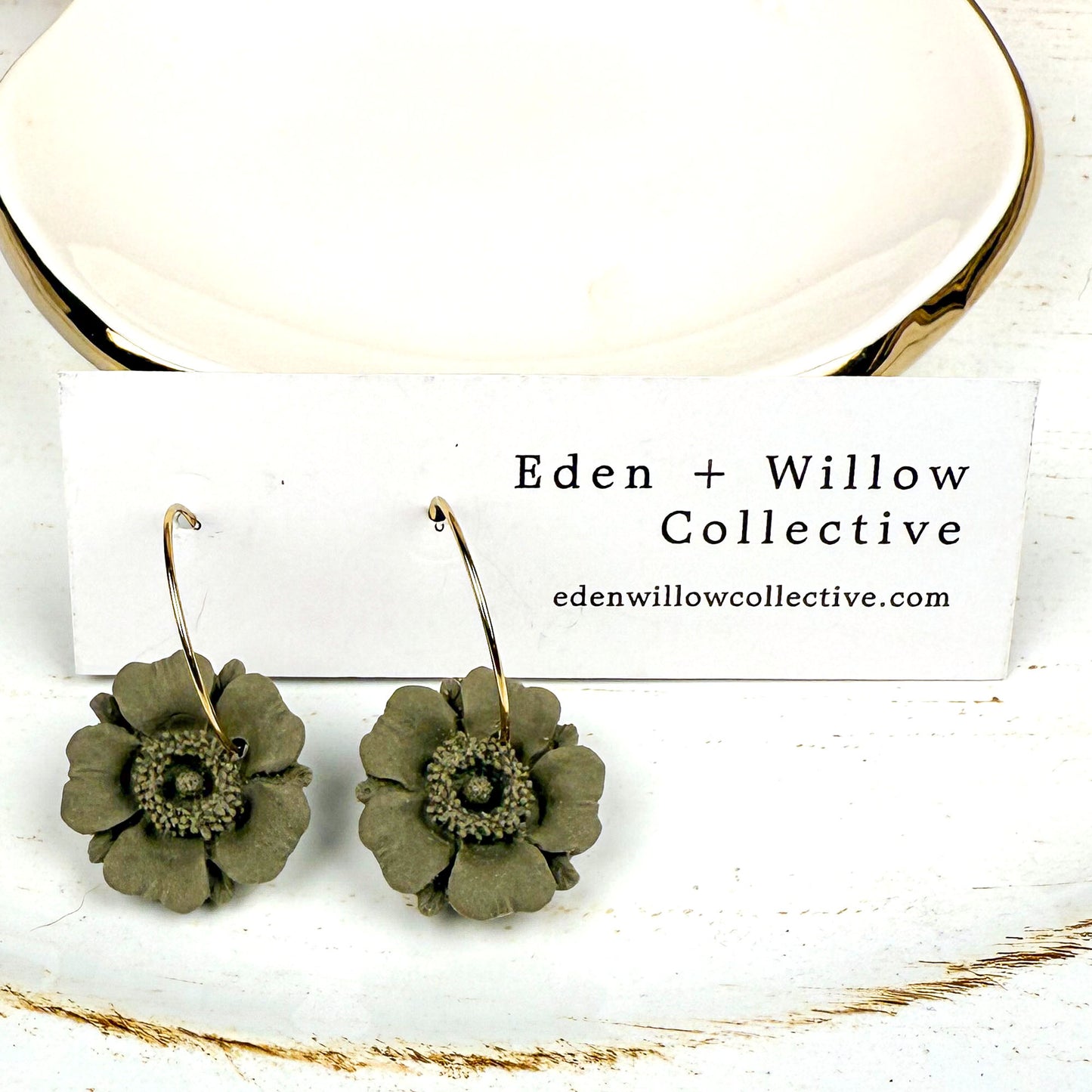 Olive Green Poppy Earrings – Handmade Clay Floral Hoops for Everyday Boho Style