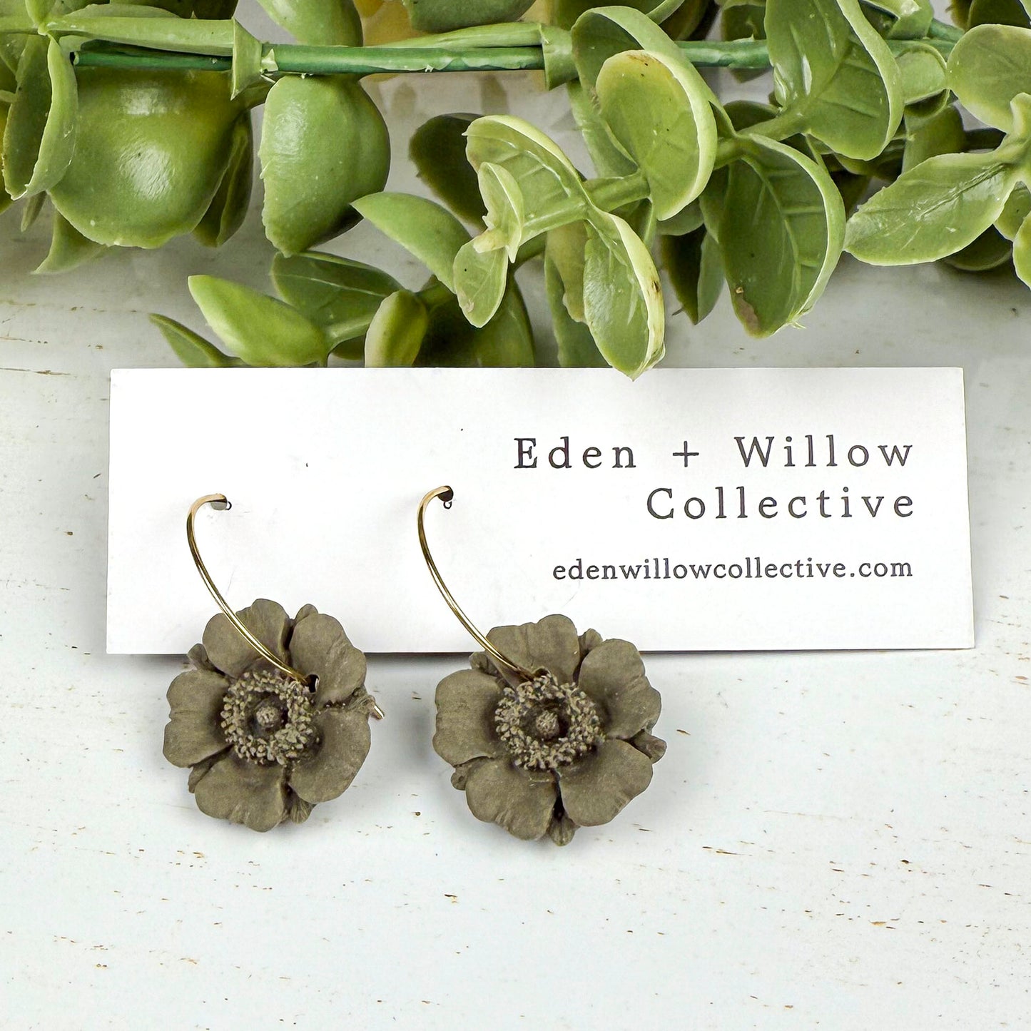 Olive Green Poppy Earrings – Handmade Clay Floral Hoops for Everyday Boho Style