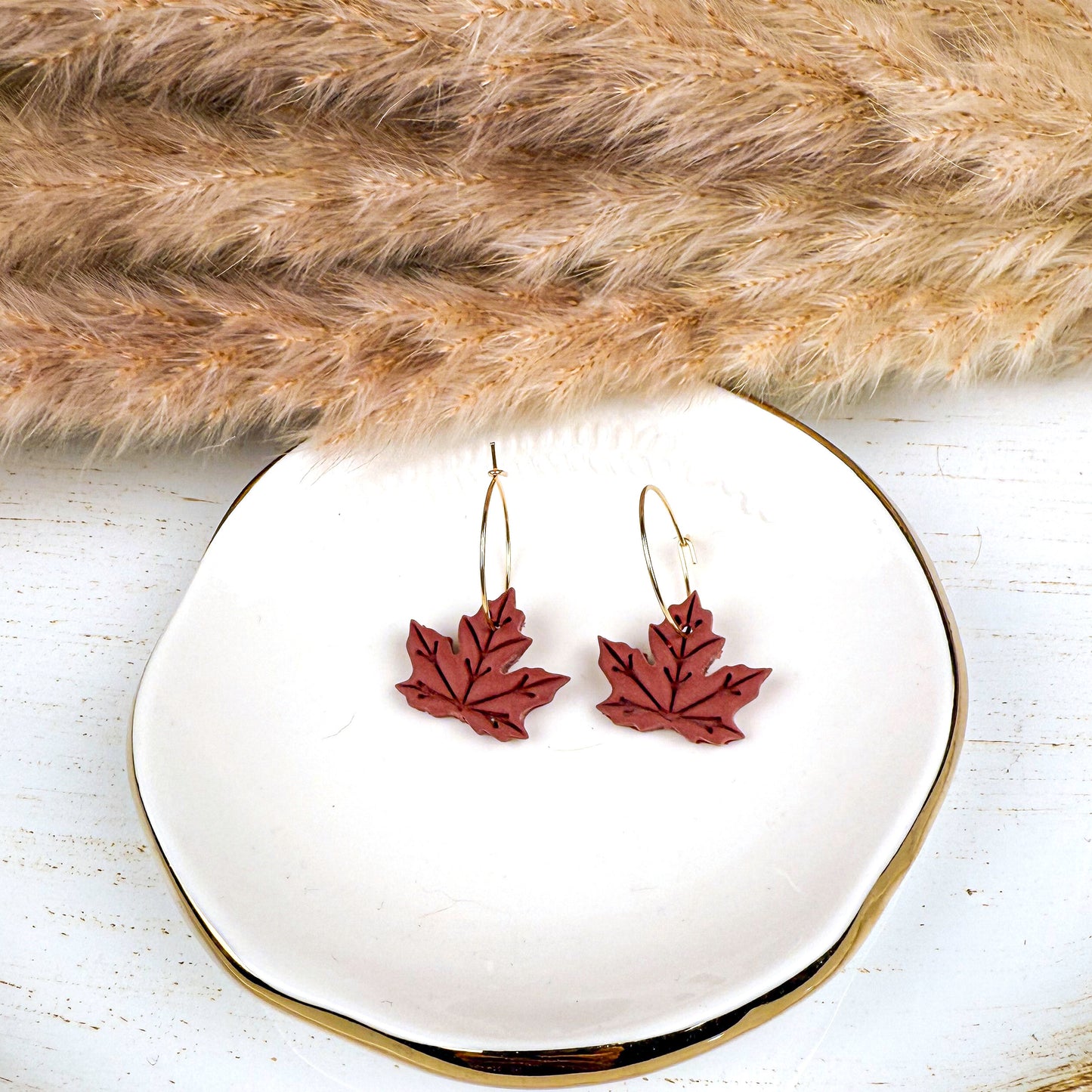 Burgundy Maple Leaf Earrings – Handmade Polymer Clay Fall Hoops
