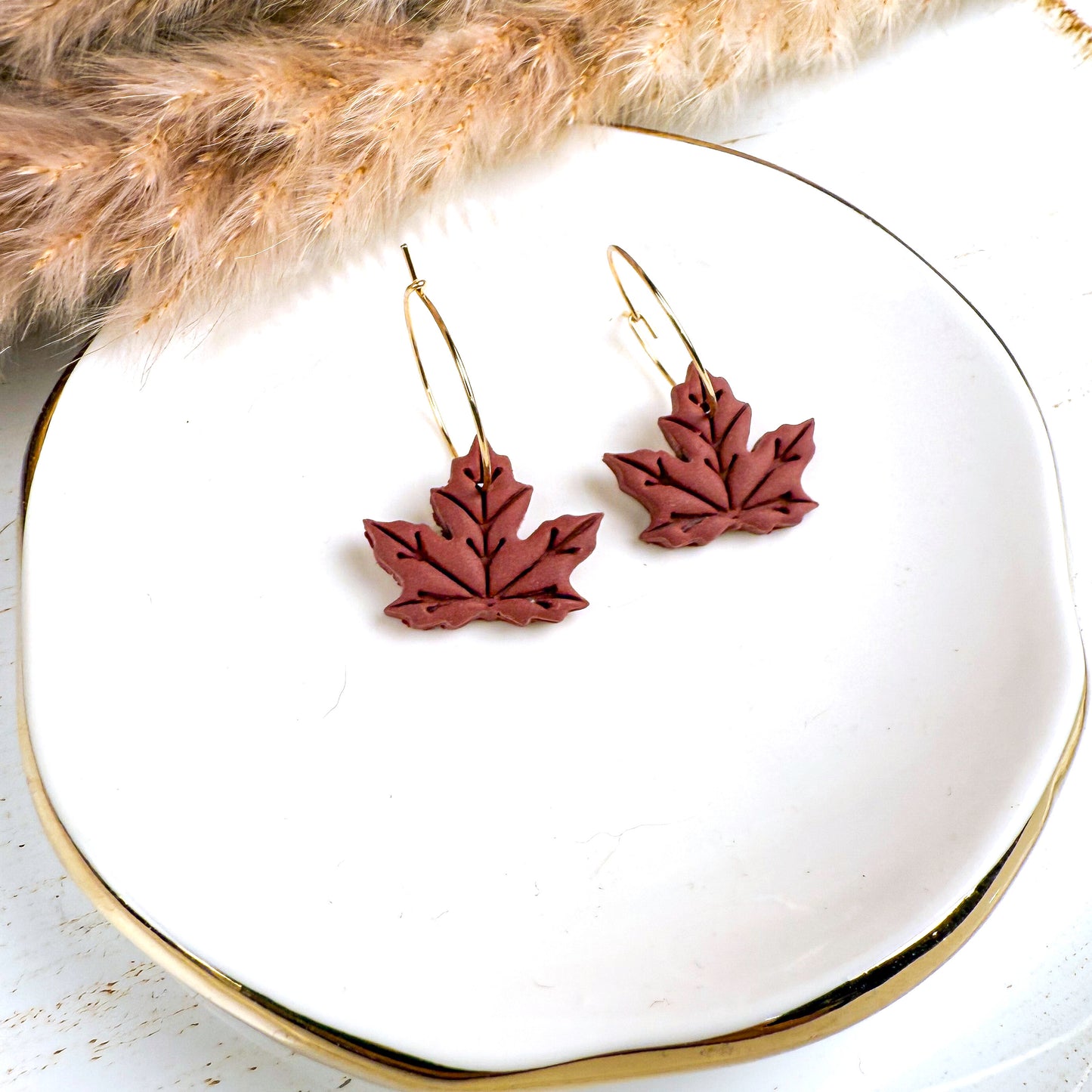 Burgundy Maple Leaf Earrings – Handmade Polymer Clay Fall Hoops