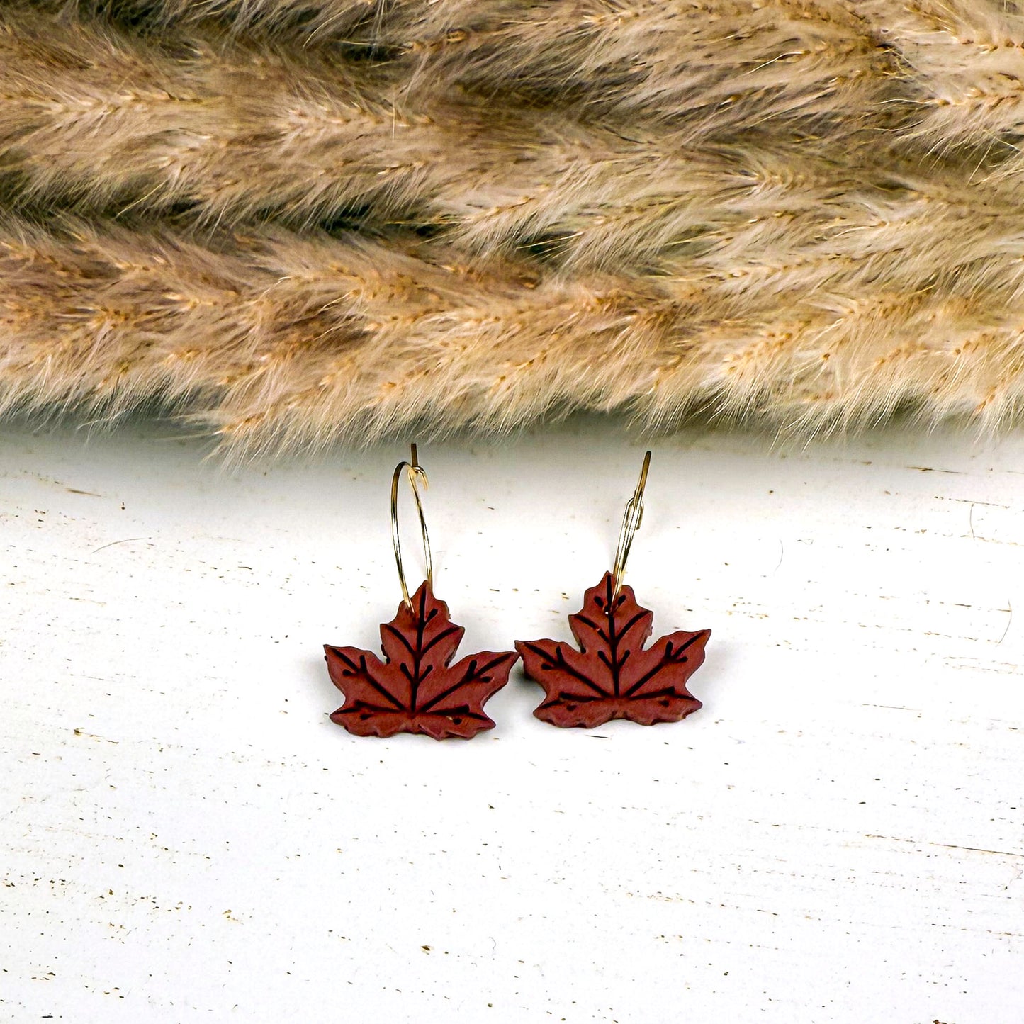 Burgundy Maple Leaf Earrings – Handmade Polymer Clay Fall Hoops