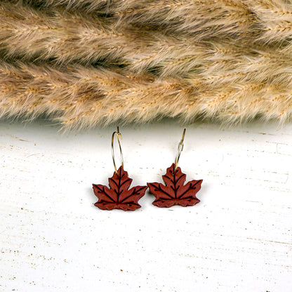 Burgundy Maple Leaf Earrings – Handmade Polymer Clay Fall Hoops