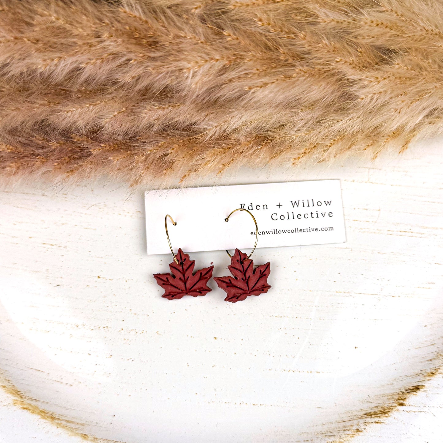 Burgundy Maple Leaf Earrings – Handmade Polymer Clay Fall Hoops