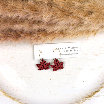 Burgundy Maple Leaf Earrings – Handmade Polymer Clay Fall Hoops