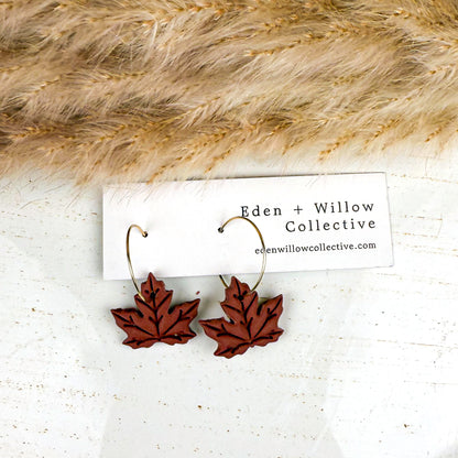 Burgundy Maple Leaf Earrings – Handmade Polymer Clay Fall Hoops