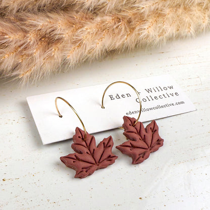 Burgundy Maple Leaf Earrings – Handmade Polymer Clay Fall Hoops