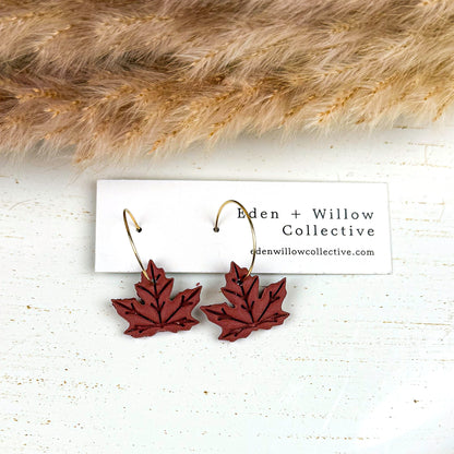 Burgundy Maple Leaf Earrings – Handmade Polymer Clay Fall Hoops