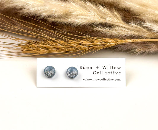 Hydrangea Blue Glitter Stud Earrings – Handmade Clay Jewelry