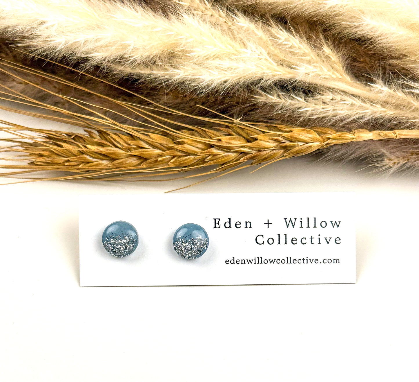 Hydrangea Blue Glitter Stud Earrings – Handmade Clay Jewelry