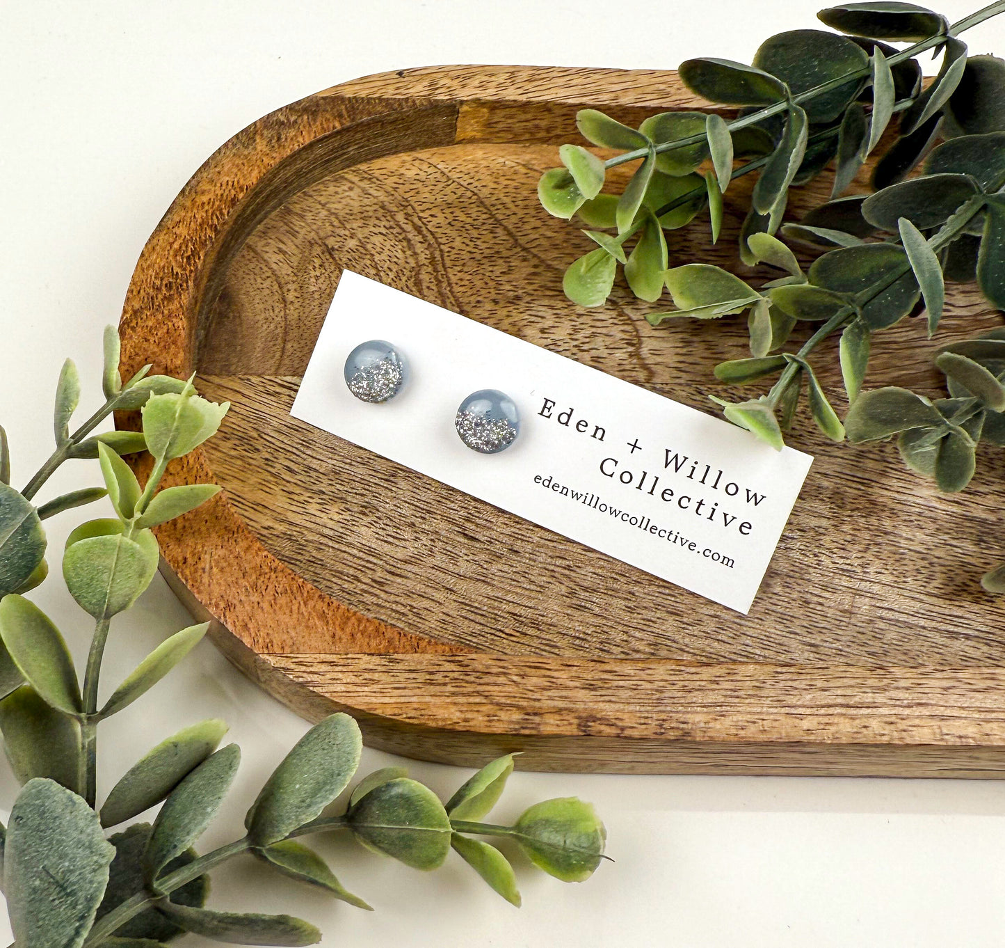 Hydrangea Blue Glitter Stud Earrings – Handmade Clay Jewelry