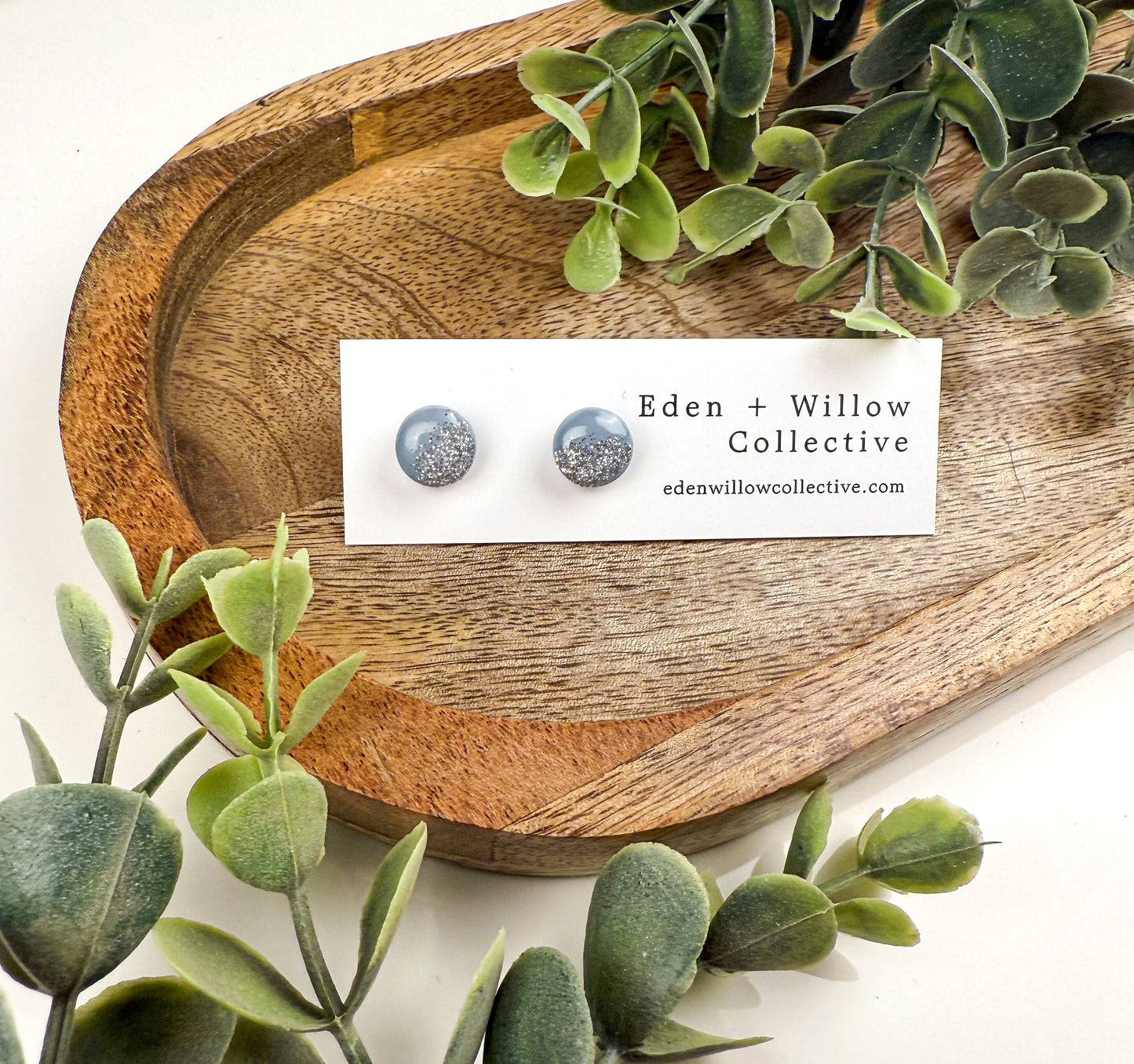 Hydrangea Blue Glitter Stud Earrings – Handmade Clay Jewelry