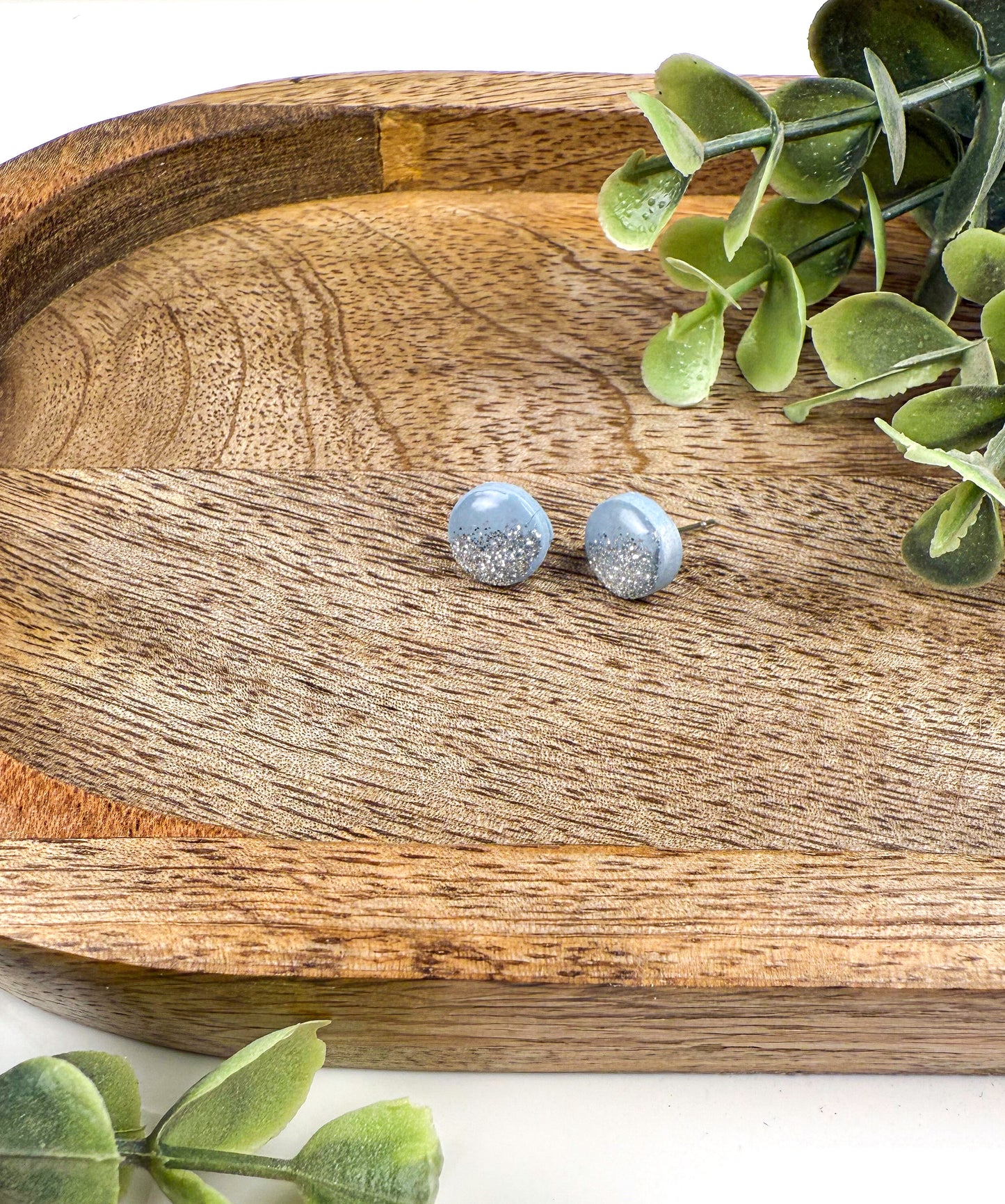 Hydrangea Blue Glitter Stud Earrings – Handmade Clay Jewelry