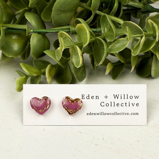 Mini Heart Stud Earrings – Everyday Polymer Clay with Gold Accent