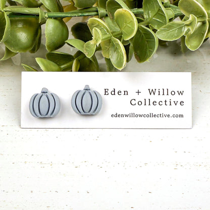 Blue Pumpkin Earrings – Handmade Clay Studs for Fall and Autumn Everyday Wear