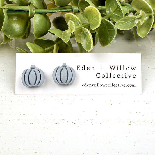 Blue Pumpkin Earrings – Handmade Clay Studs for Fall and Autumn Everyday Wear