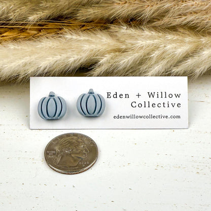 Blue Pumpkin Earrings – Handmade Clay Studs for Fall and Autumn Everyday Wear