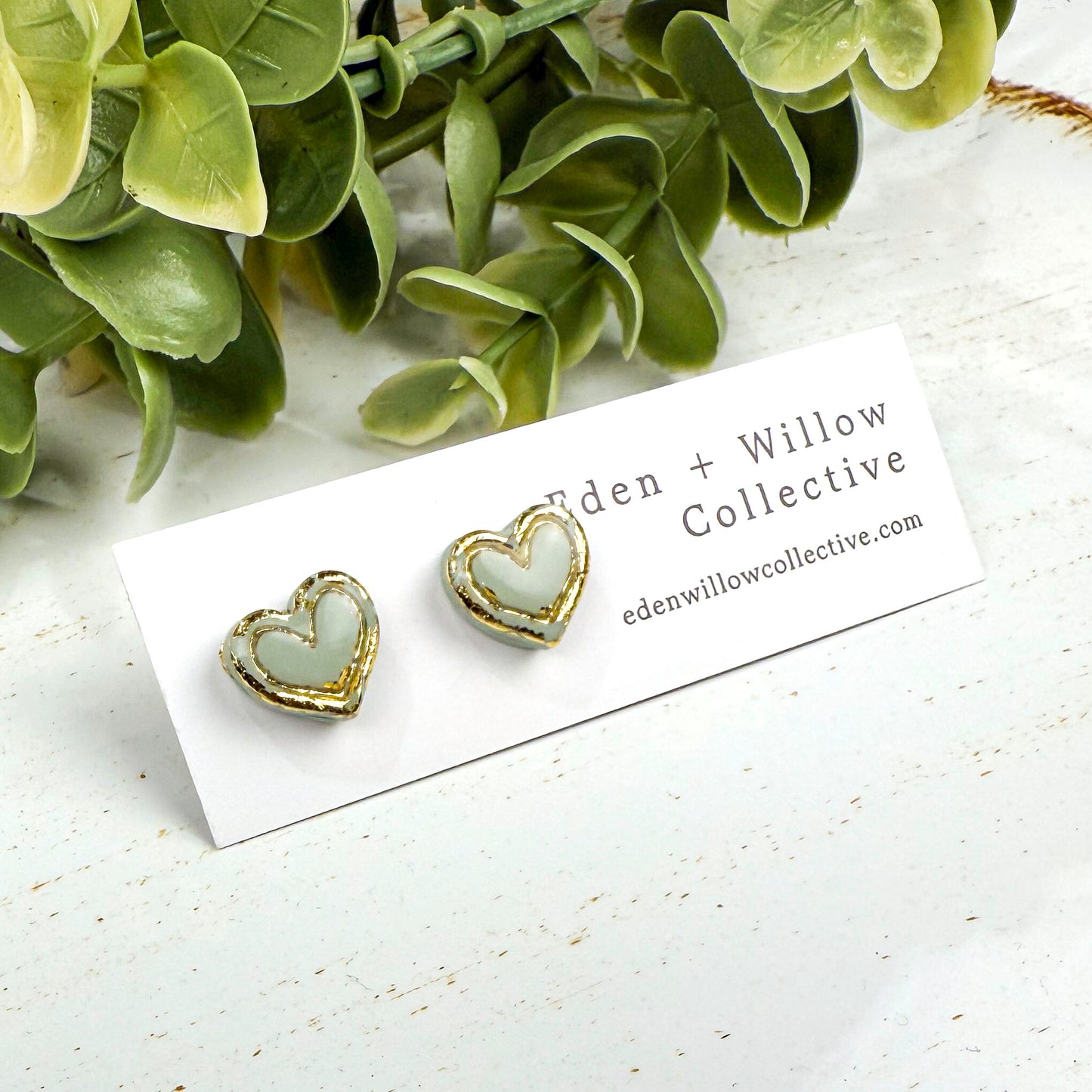 Mini Heart Stud Earrings – Neutral Everyday Polymer Clay with Gold Accent