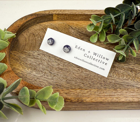 Navy Blue Glitter Polymer Clay Stud Earrings – Minimalist Everyday Earrings with Stainless Steel Posts