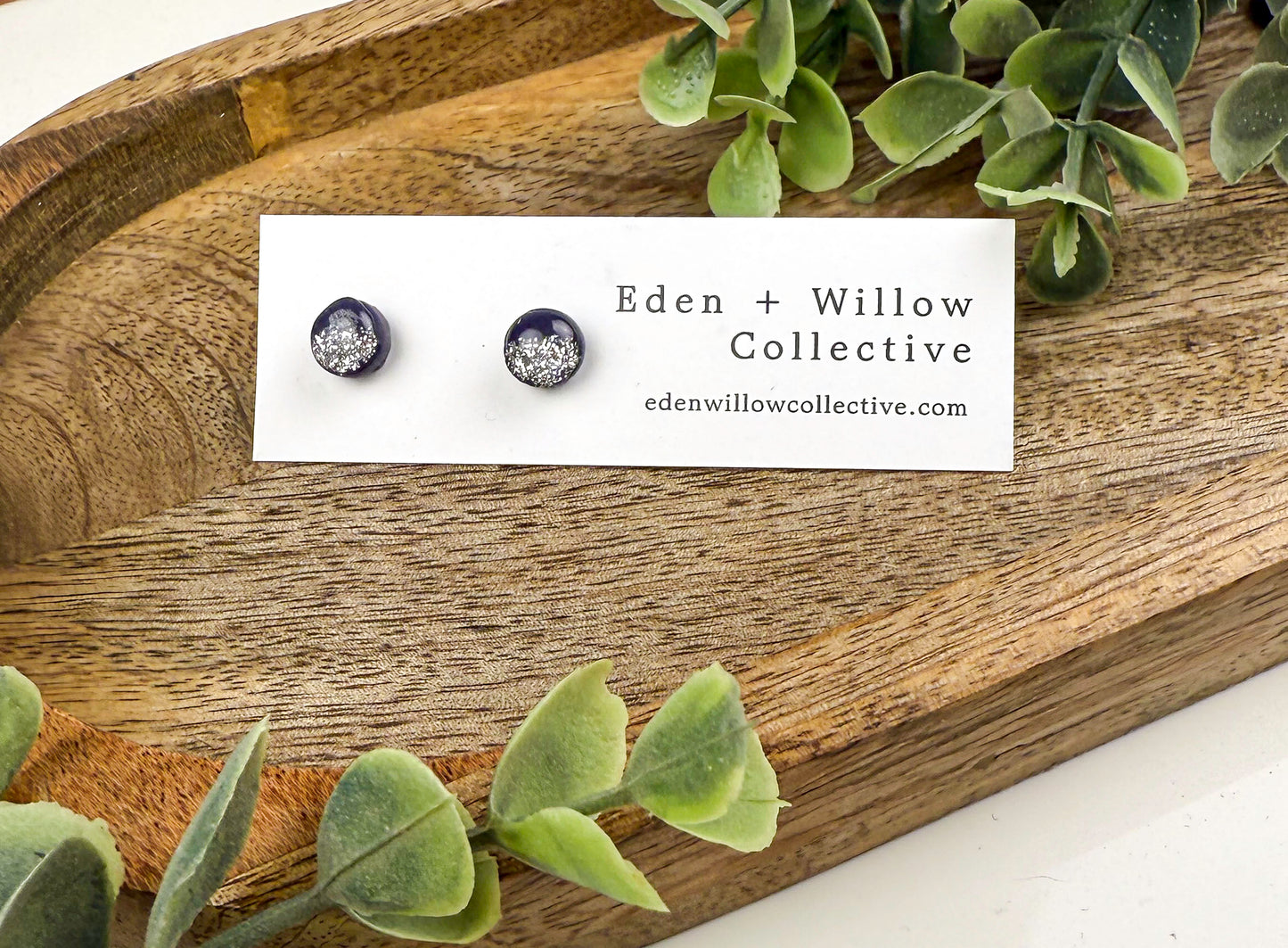 Navy Blue Glitter Polymer Clay Stud Earrings – Minimalist Everyday Earrings with Stainless Steel Posts