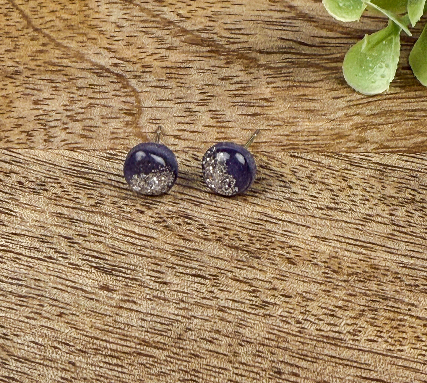 Navy Blue Glitter Polymer Clay Stud Earrings – Minimalist Everyday Earrings with Stainless Steel Posts