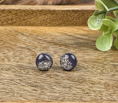 Navy Blue Glitter Polymer Clay Stud Earrings – Minimalist Everyday Earrings with Stainless Steel Posts