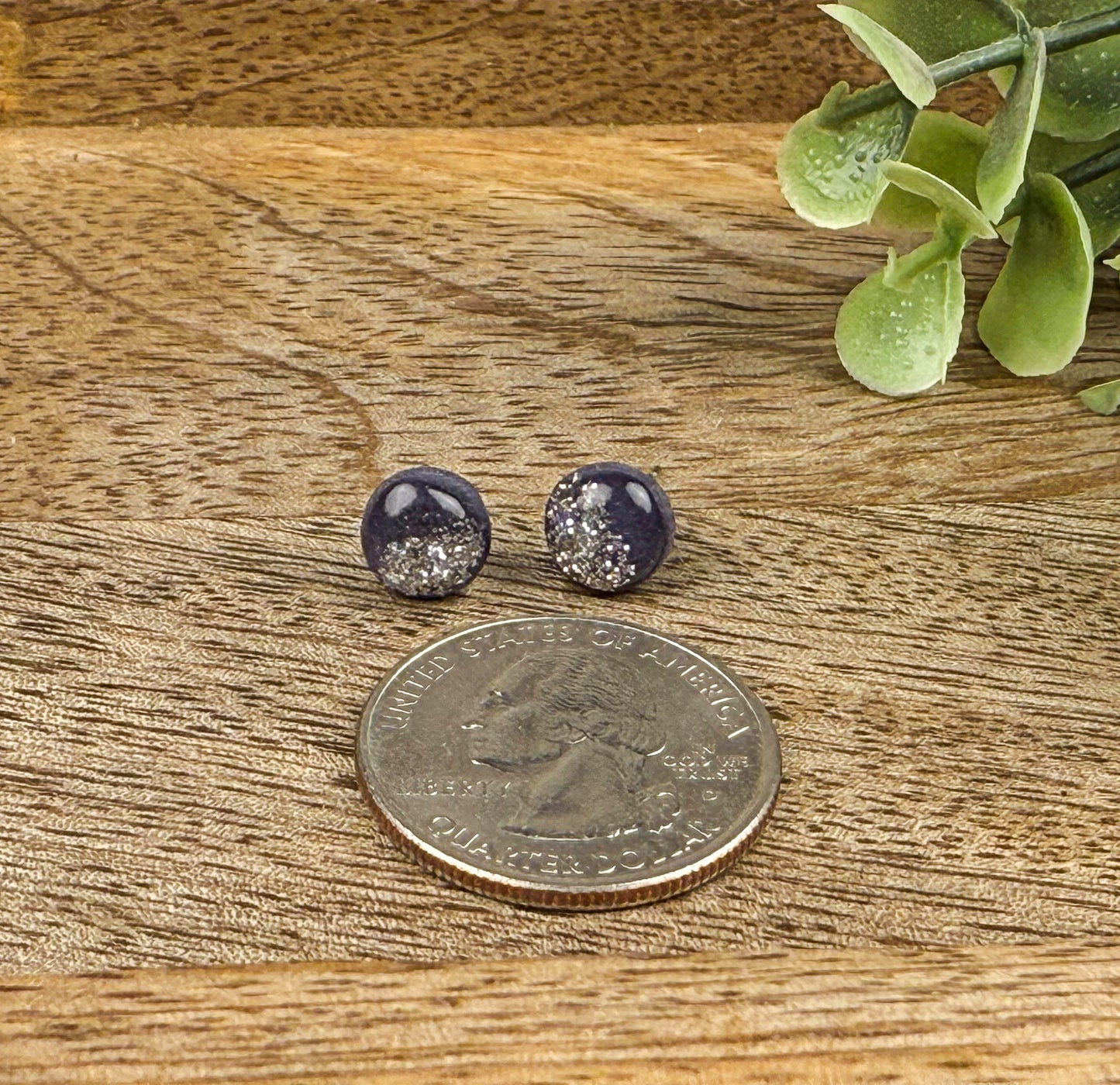 Navy Blue Glitter Polymer Clay Stud Earrings – Minimalist Everyday Earrings with Stainless Steel Posts
