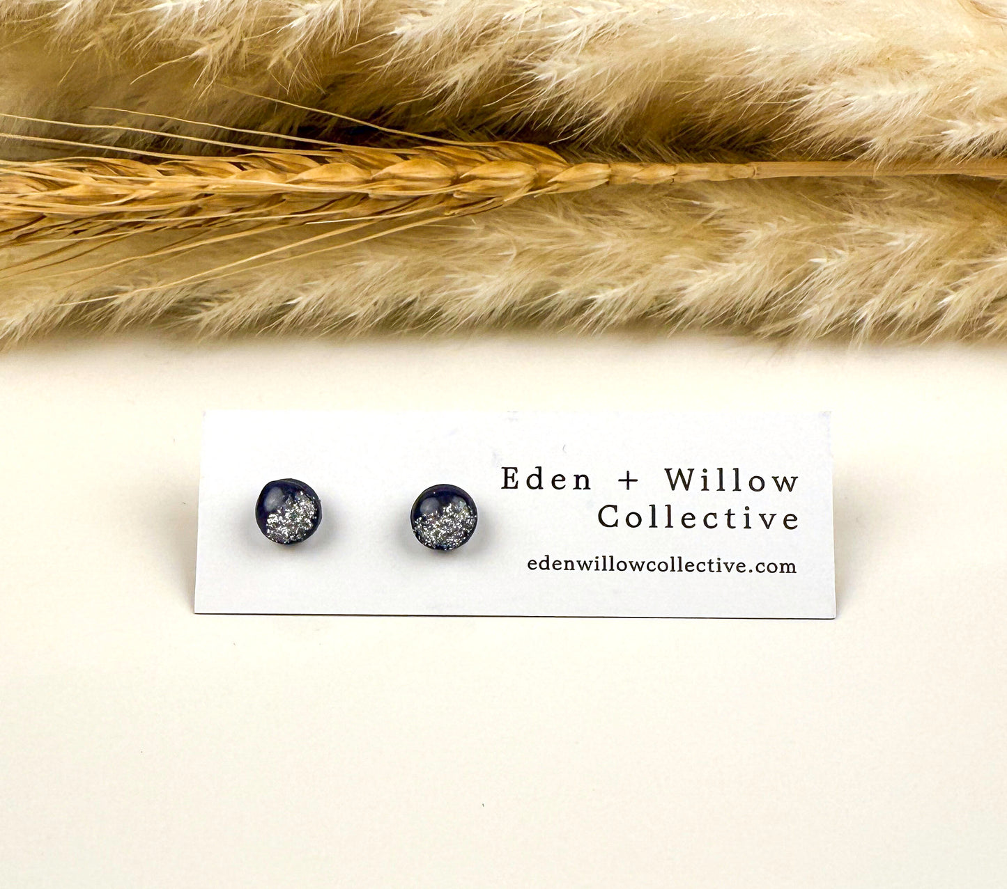 Navy Blue Glitter Polymer Clay Stud Earrings – Minimalist Everyday Earrings with Stainless Steel Posts