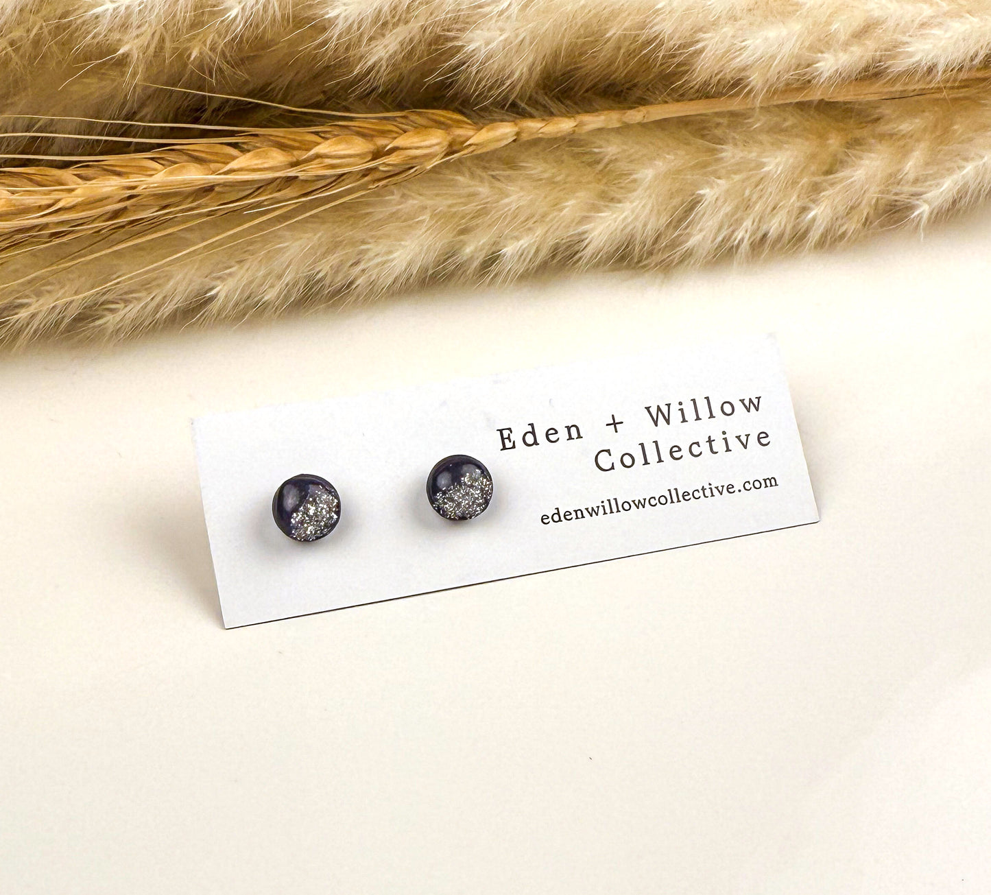 Navy Blue Glitter Polymer Clay Stud Earrings – Minimalist Everyday Earrings with Stainless Steel Posts