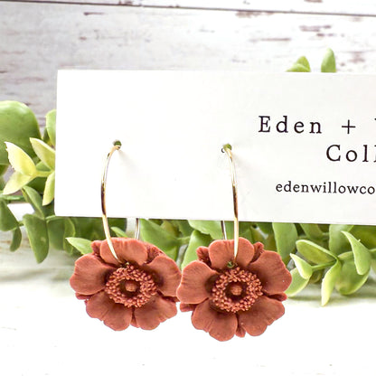 Terracotta Poppy Flower Earrings – Handmade Polymer Clay Hoops for Everyday Boho Style