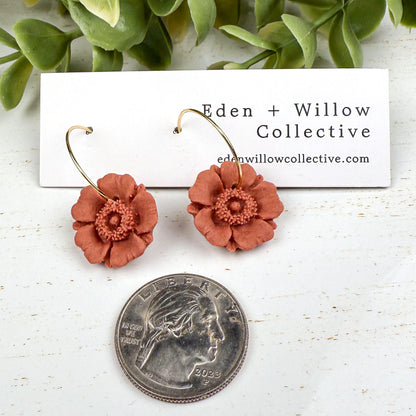 Terracotta Poppy Flower Earrings – Handmade Polymer Clay Hoops for Everyday Boho Style