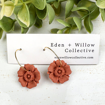 Terracotta Poppy Flower Earrings – Handmade Polymer Clay Hoops for Everyday Boho Style