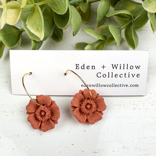 Terracotta Poppy Flower Earrings – Handmade Polymer Clay Hoops for Everyday Boho Style