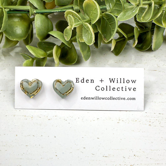 Mini Heart Stud Earrings – Neutral Everyday Polymer Clay with Gold Accent