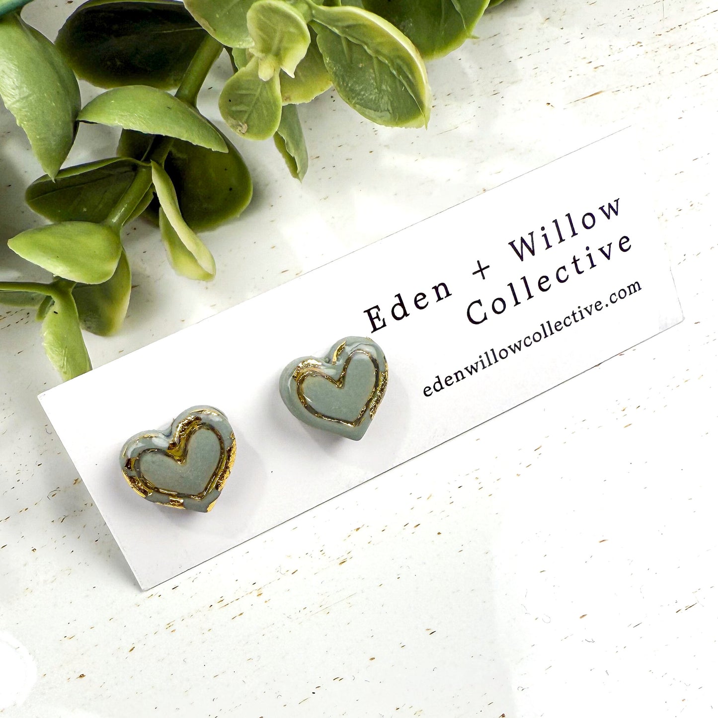 Mini Heart Stud Earrings – Neutral Everyday Polymer Clay with Gold Accent