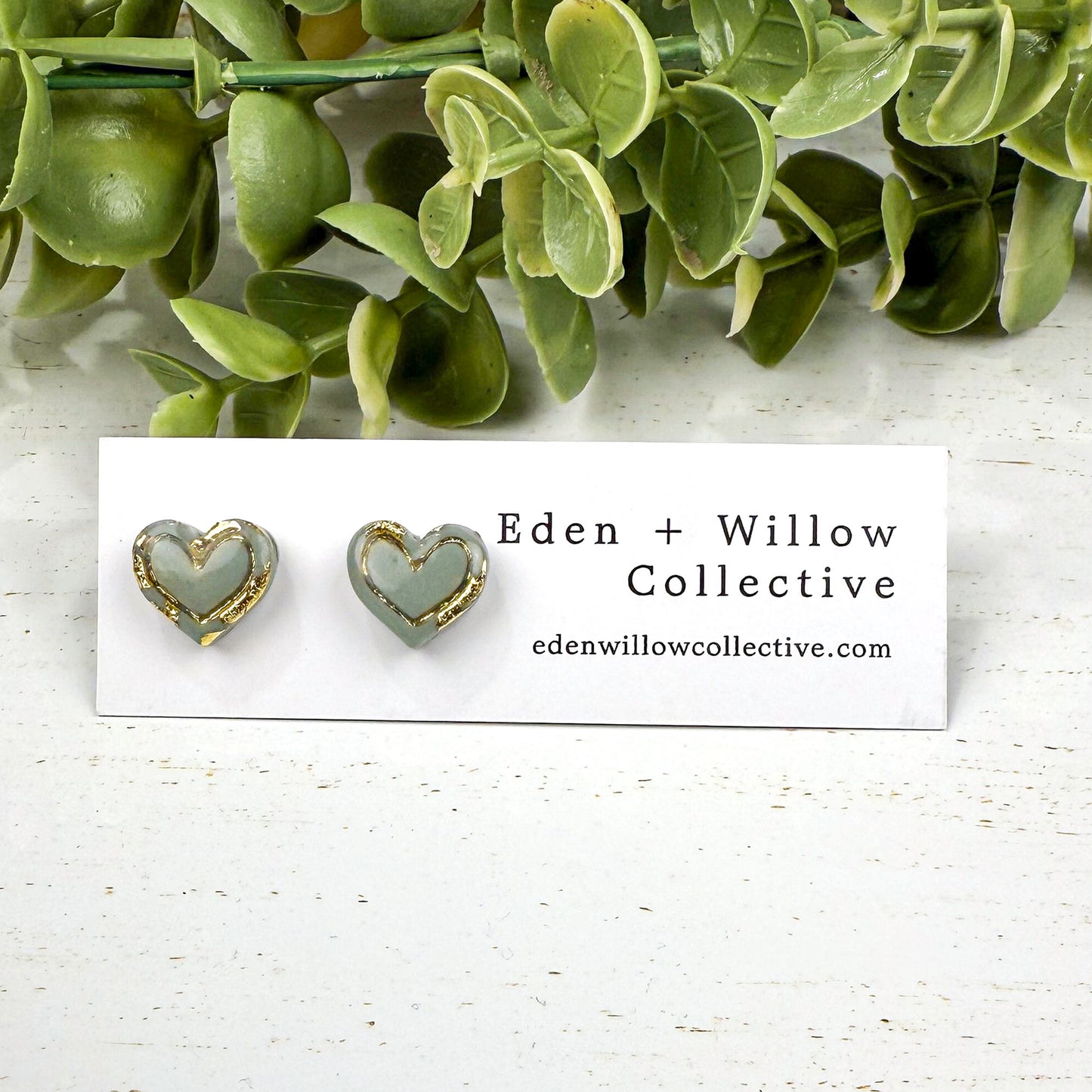 Mini Heart Stud Earrings – Neutral Everyday Polymer Clay with Gold Accent