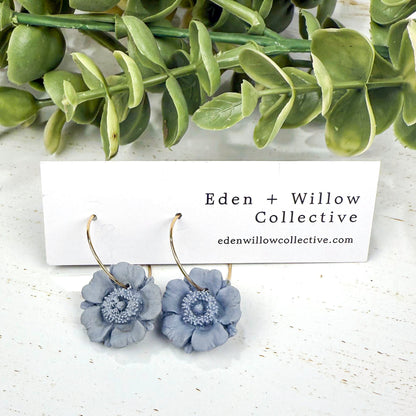 Blue Poppy Earrings – Handmade Polymer Clay Floral Hoops for Everyday Boho Style