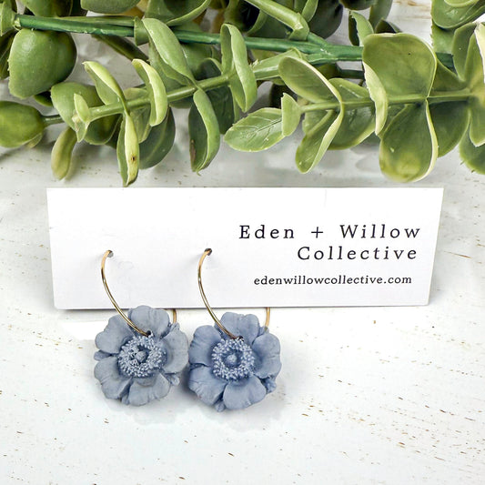 Blue Poppy Earrings – Handmade Polymer Clay Floral Hoops for Everyday Boho Style