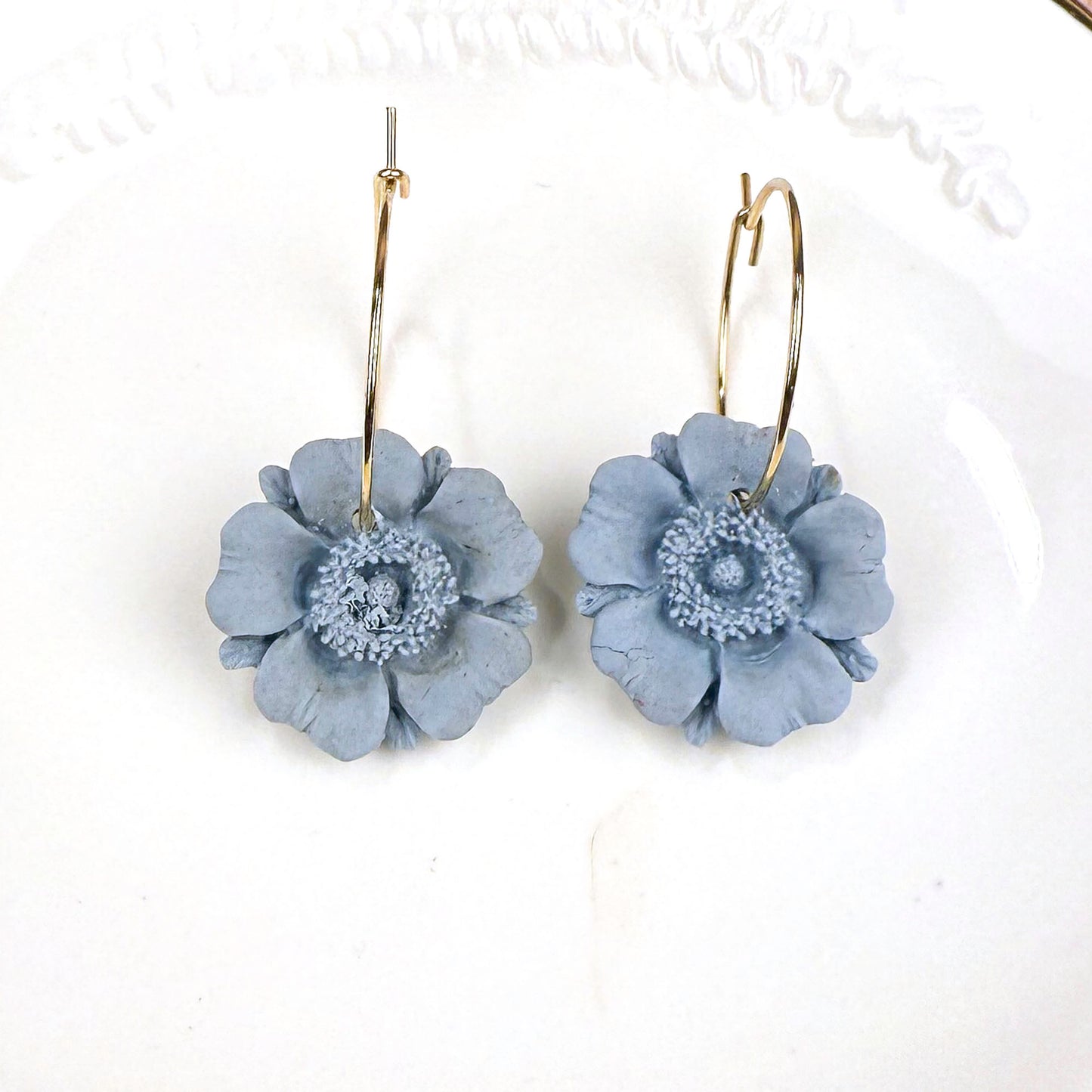 Blue Poppy Earrings – Handmade Polymer Clay Floral Hoops for Everyday Boho Style