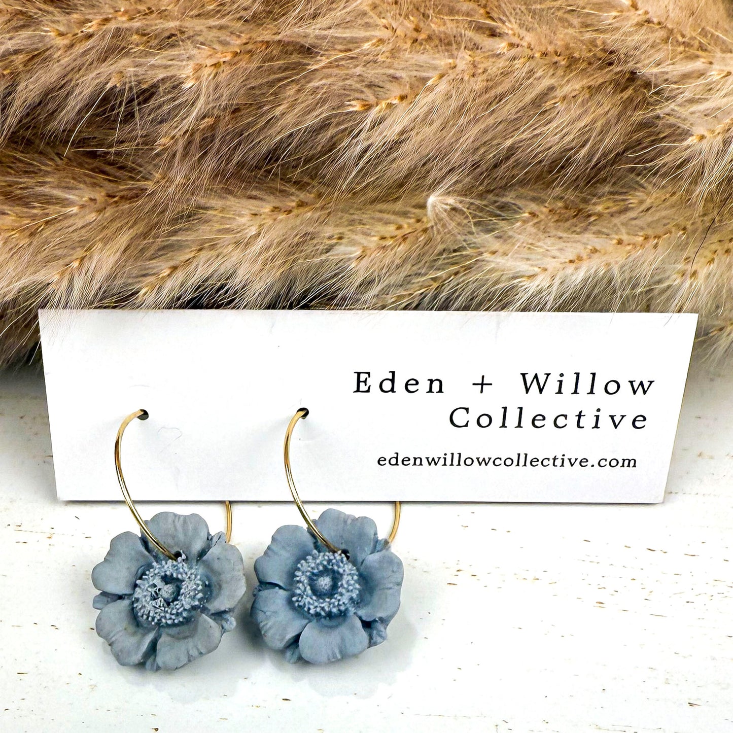 Blue Poppy Earrings – Handmade Polymer Clay Floral Hoops for Everyday Boho Style