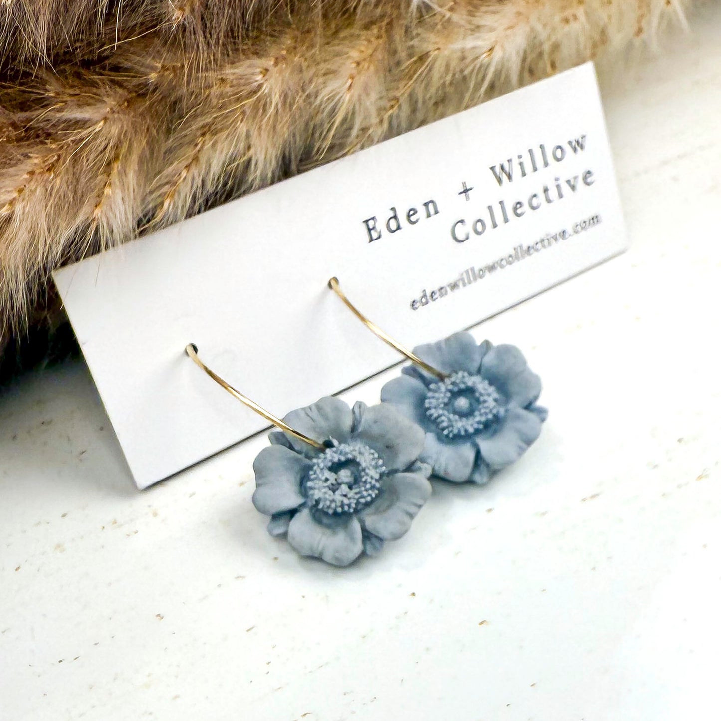 Blue Poppy Earrings – Handmade Polymer Clay Floral Hoops for Everyday Boho Style
