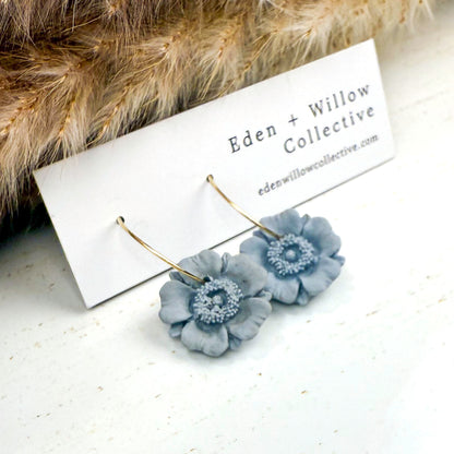 Blue Poppy Earrings – Handmade Polymer Clay Floral Hoops for Everyday Boho Style