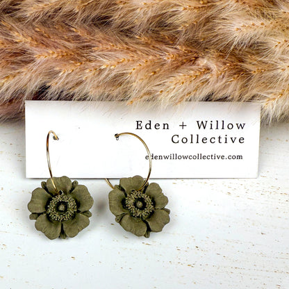 Olive Green Poppy Earrings – Handmade Clay Floral Hoops for Everyday Boho Style
